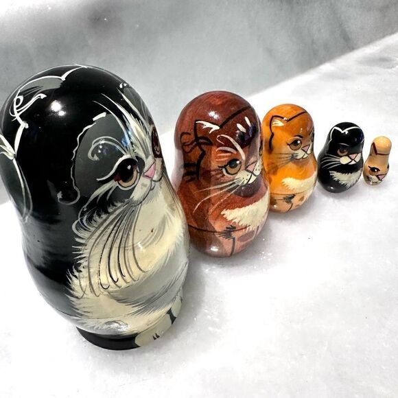 Vintage Set of 5 Cat Russian Nesting Matryoshka Dolls Ginger Black Tabby Calico - Picture 2 of 3